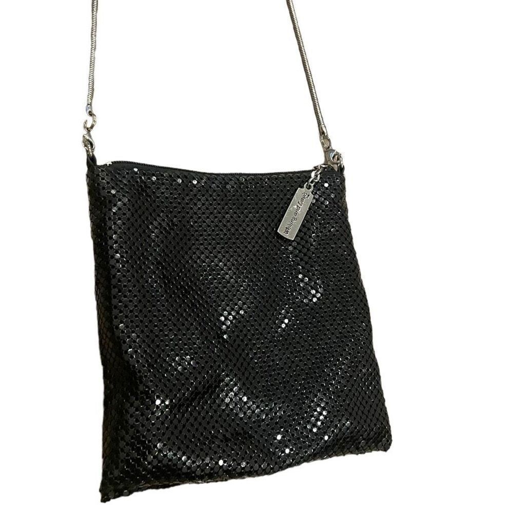 Whiting and Davis Black Metal Mesh Crossbody Bag Silver Snake Chain Strap Zipper